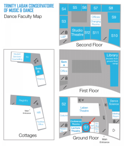 Map of Trinity Laban’s Dance Faculty with Studio 1 highlighted