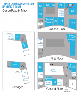 Map of Trinity Laban's Dance Faculty with Studio 8 highlighted