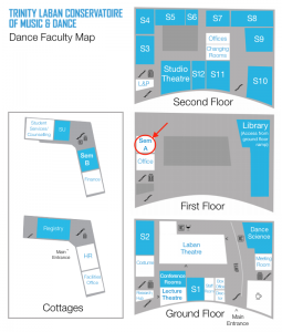 Map of Trinity Laban’s Dance Faculty with Seminar Room A highlighted