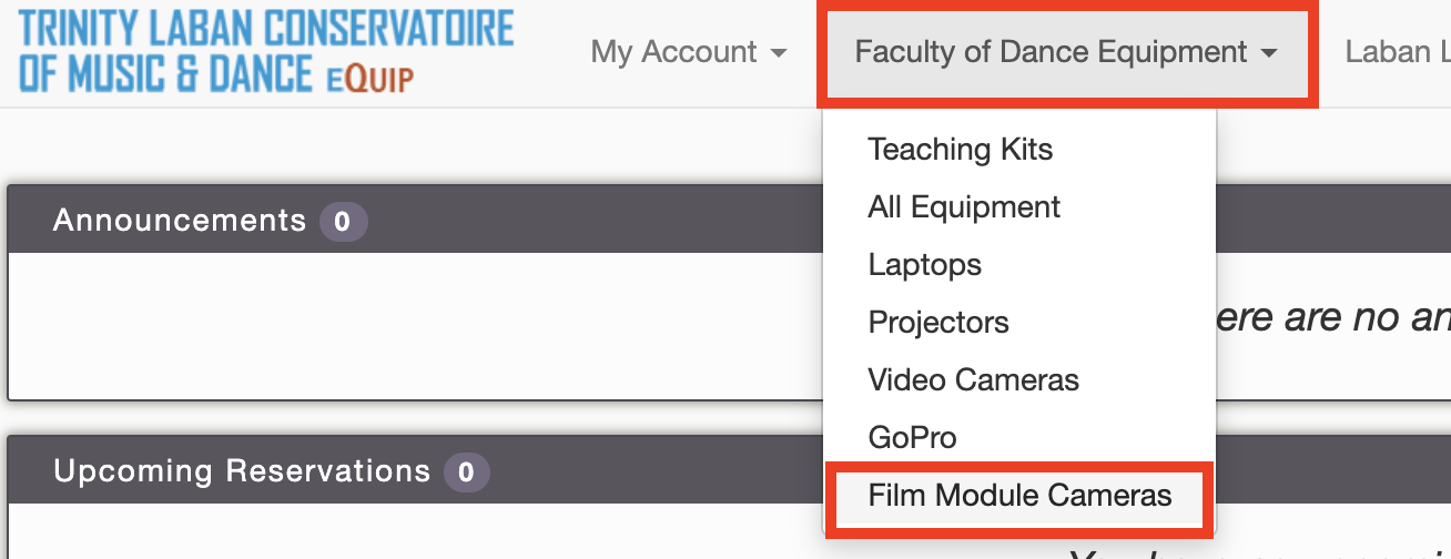 Accessing the Film Module equipment menu item on eQuip