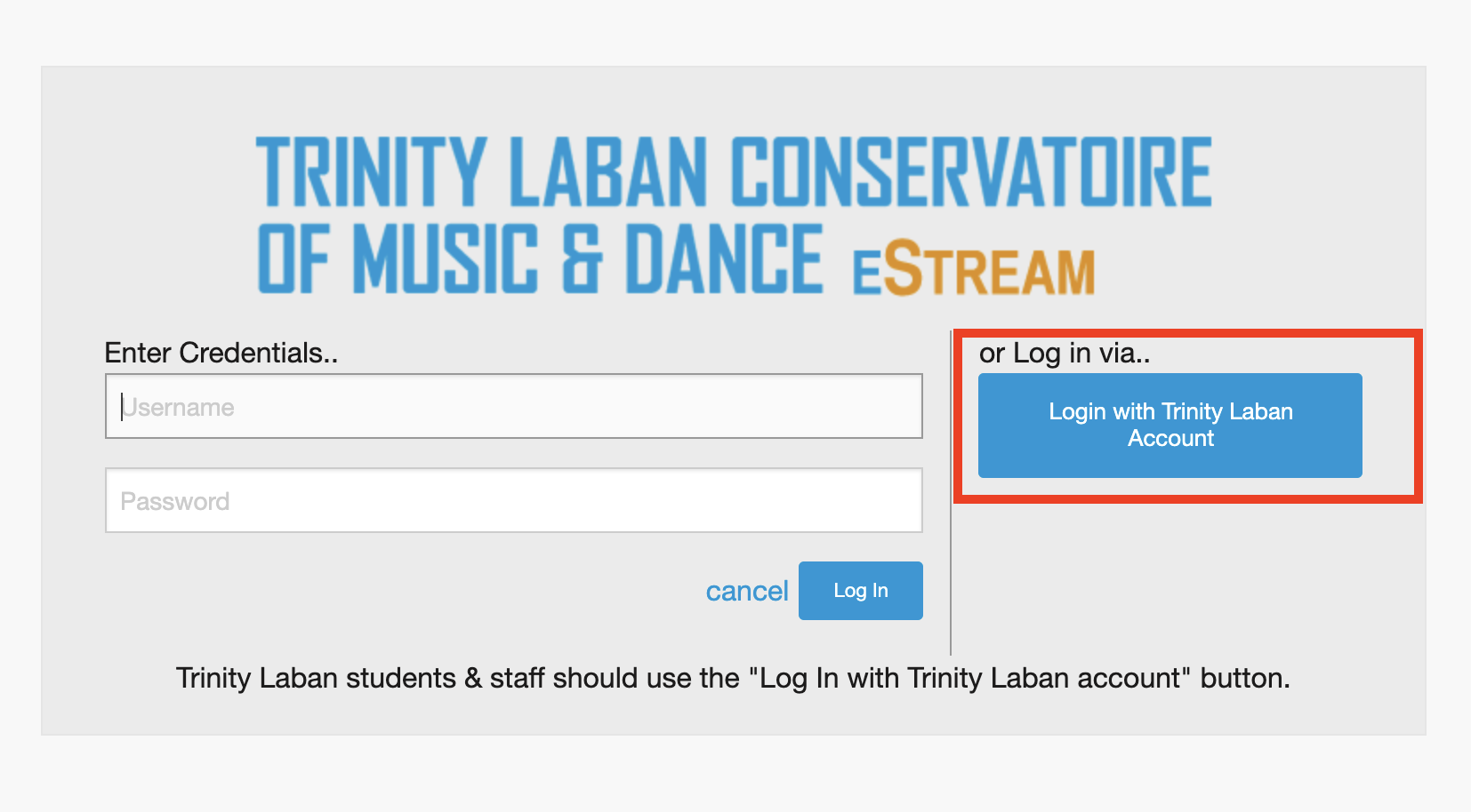 eStream log in page with "Log in with TL account" box highlighted